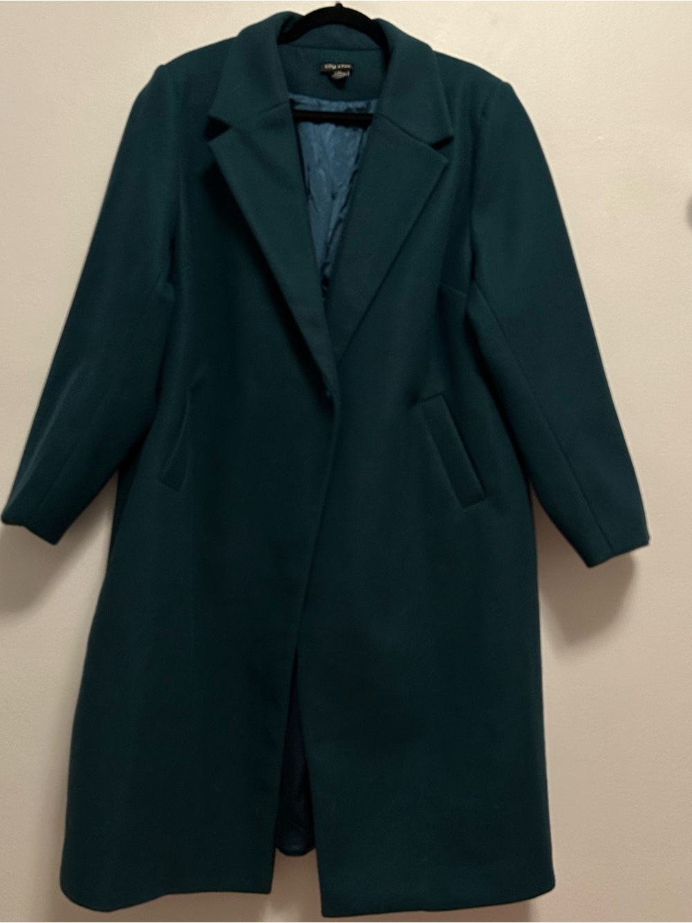 City Chic Teal Green Long Coat with single button closure